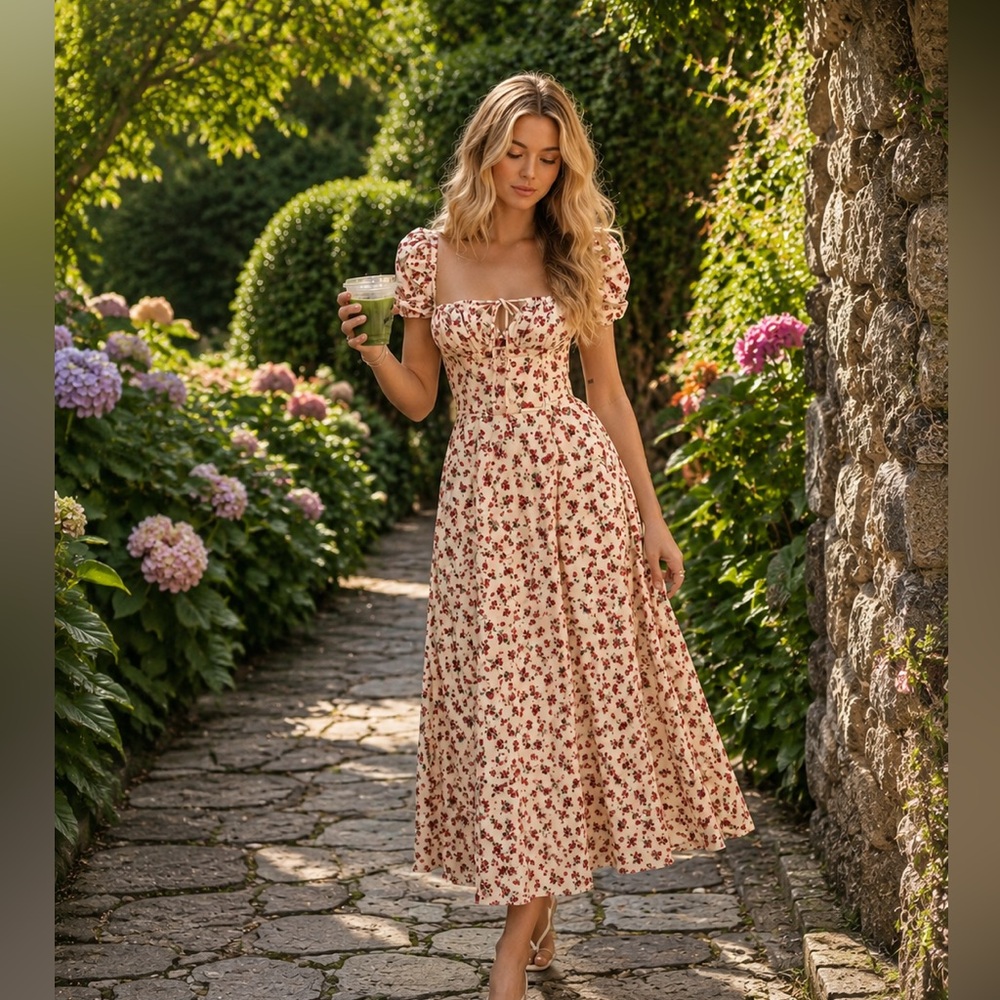 Moon River Floral Puff Sleeve Midi Dress floral print